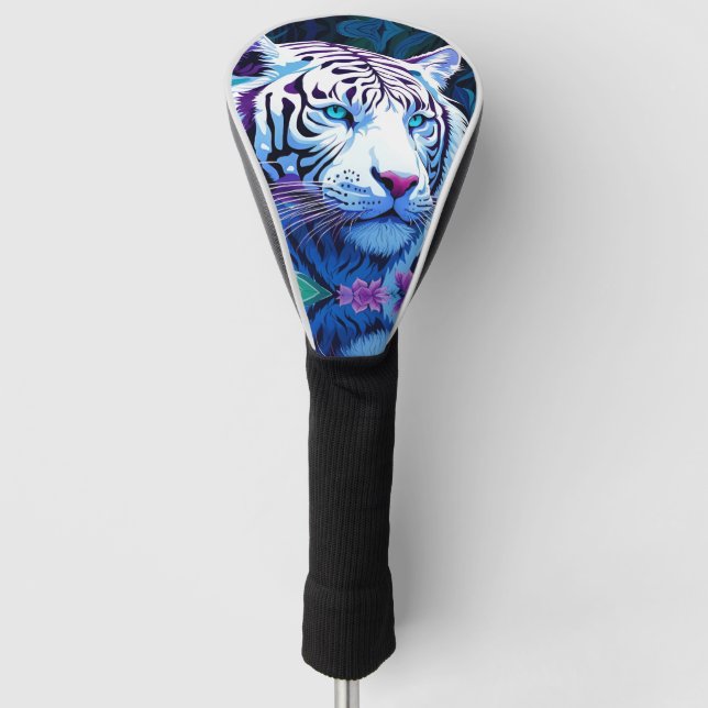 Couvre-club De Golf Tigre blanc en fleurs violettes Réflexion (Devant)