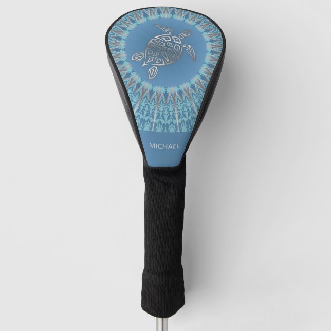 Couvre-club De Golf Tortue Bleue Argent Et Monogramme Mandala (Devant)