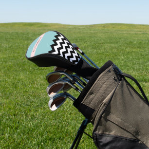 Couvre-club De Golf Zigzag noir et blanc, Chevron, Bleu, Votre nom