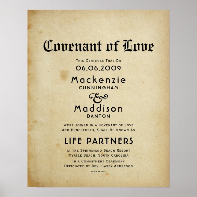 "Covenant of Liebe" LifePartners WeddingCertificat Poster (Vorne)
