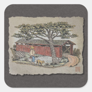 Covered Bridge & Boy Quadratischer Aufkleber