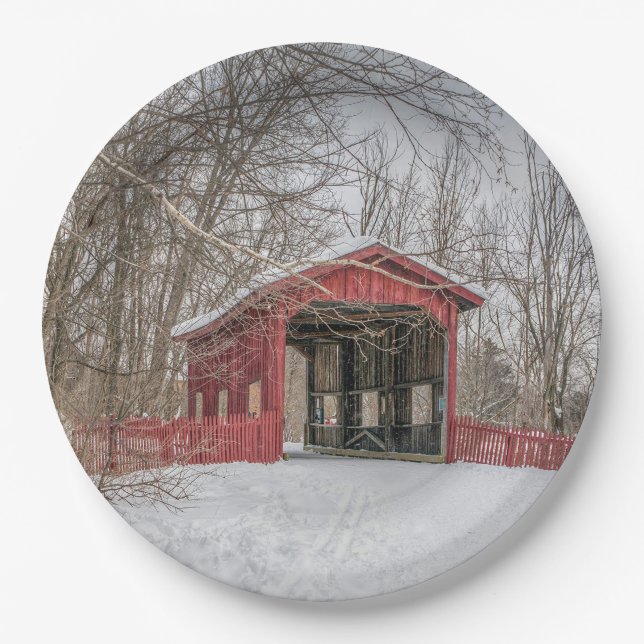 Covered Bridge Red Snow Foto Pappteller (Vorderseite)