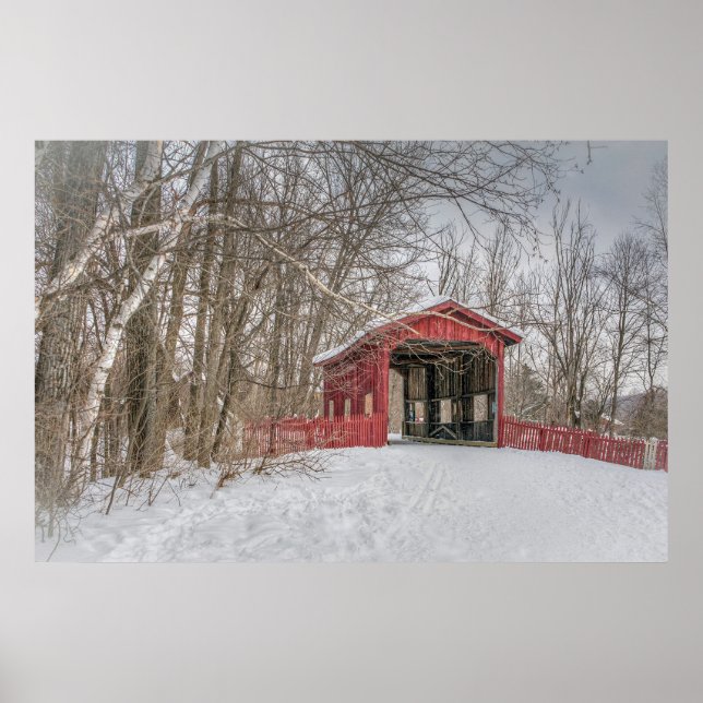 Covered Bridge Red Snow Foto Poster (Vorne)