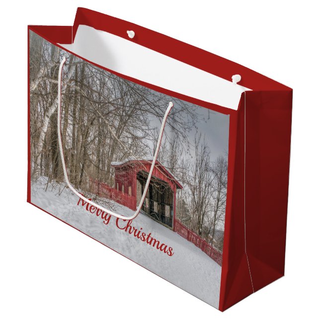 Covered Bridge Red Snow Foto Weihnachten Große Geschenktüte (Vorderseite Schrägansicht)