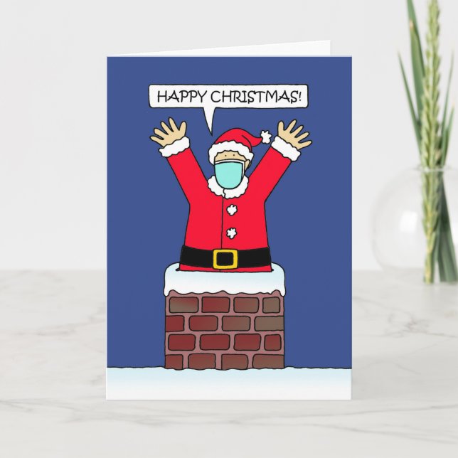 Covid 19 Santa Leaping aus Kamin in einer Gesichts Karte (Vorderseite)