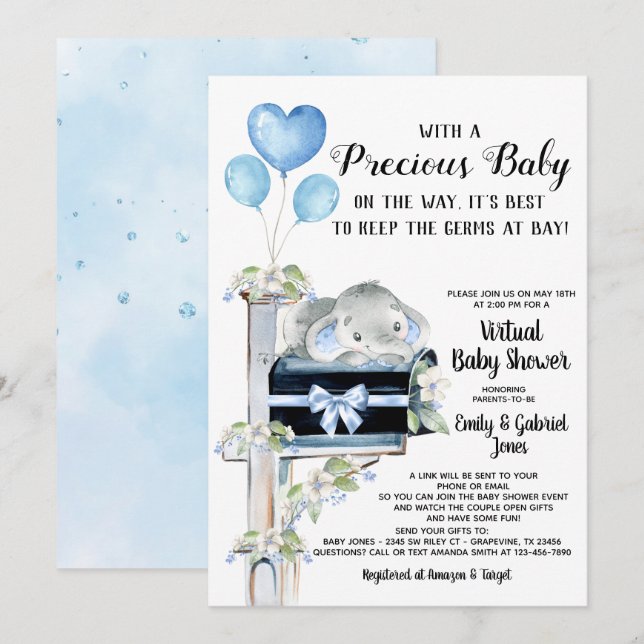 Covid Baby Shower Boy Elephant Einladung (Vorne/Hinten)