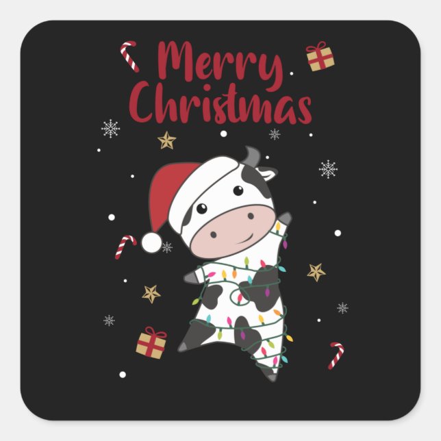 Cow Cheerful Christmas Winter Animals Cows Quadratischer Aufkleber (Vorderseite)