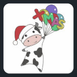 Cow Cheerful Christmas Winter Quadratischer Aufkleber<br><div class="desc">Die Kuh zu Weihnachten mit Weihnachtsballons. Hübsche Tiere mit Geschenken und Schnee zu den Ferien. Auch lustig für Weihnachten im Juli. Kühe sind süße Tiere und perfekt zu Weihnachten.</div>