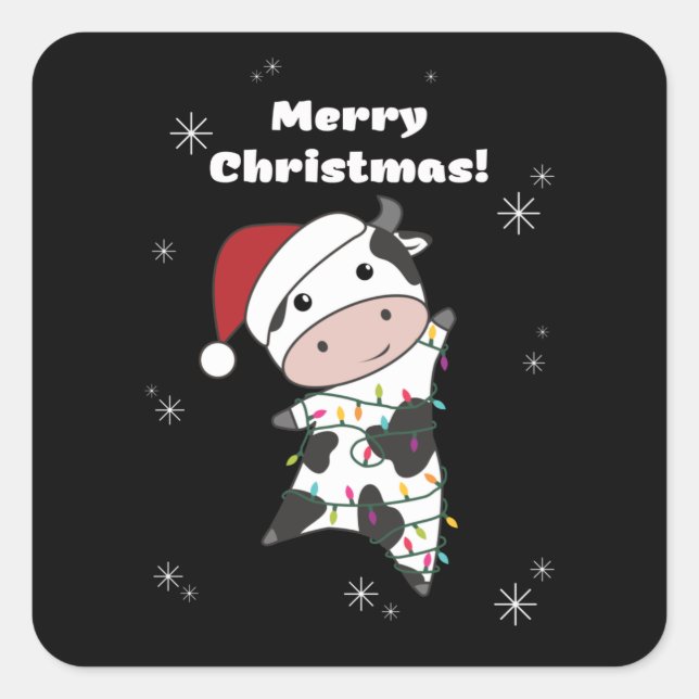 Cow Cheerful Christmas Winter Quadratischer Aufkleber (Vorderseite)