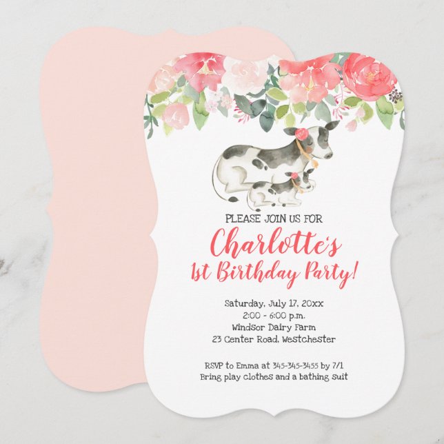 Cow Farm Coral et rose Floral Invitation Anniversa (Devant / Derrière)