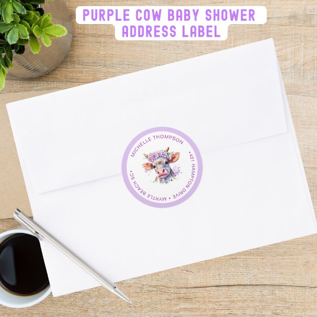 Cow Floral Lila Baby Showadresse Runder Aufkleber (Von Creator hochgeladen)