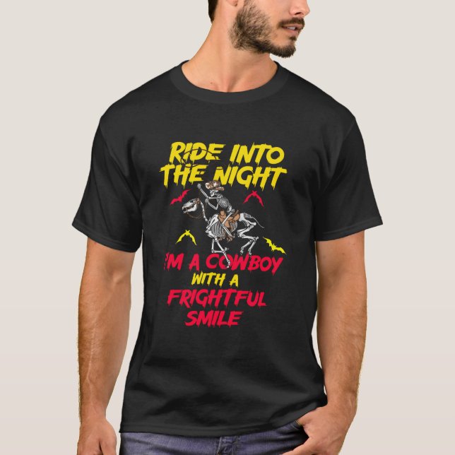 Cow Halloween Ghouls Skeleton Pumpkin Horse Riding T-Shirt (Vorderseite)