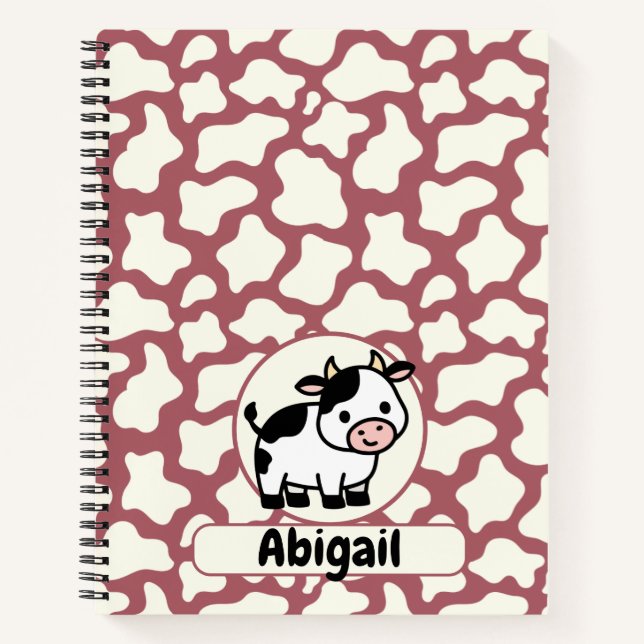 Cow Pattern in White on Red with Cow and Name Notizbuch (Vorderseite)