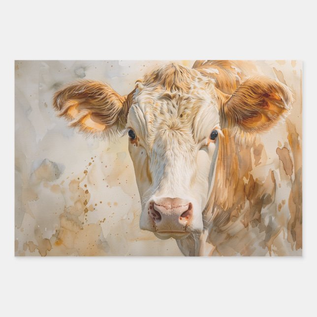 Cow Portrait Aquarellmalerei Decoupage Geschenkpapier Set (Vorderseite)