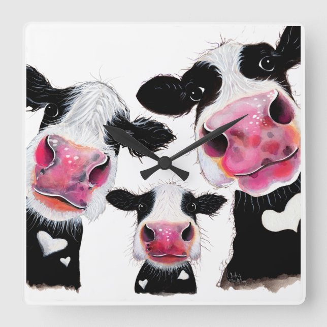 CoW PRiNT, ANiMaL PRiNT ' THe NoSeY CoWS ' Quadratische Wanduhr (Vorderseite)