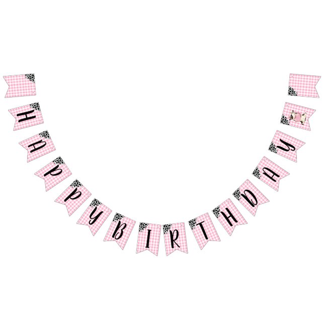 Cow Print Pink Gingham Happy Birthday Banner (Alle)