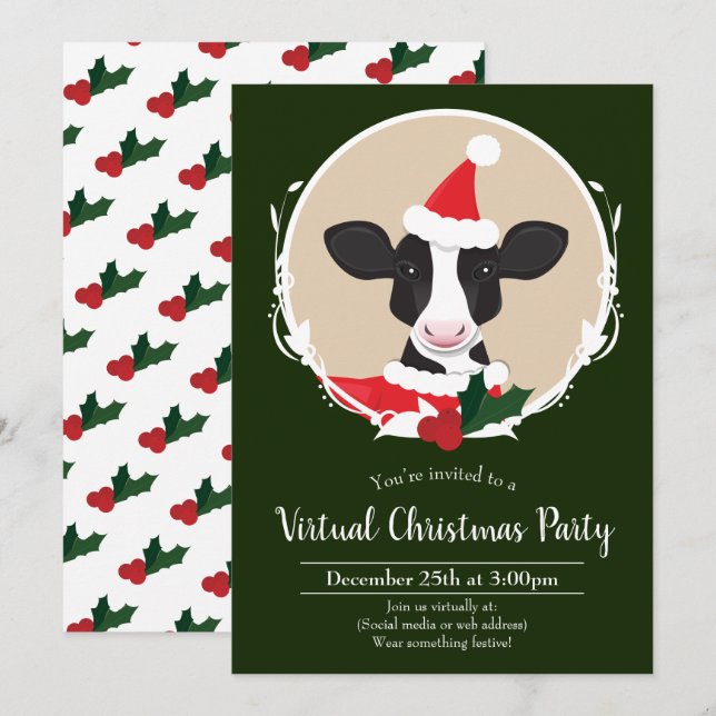 Cow Santa Green Virtual Christmas Party Einladung (Vorne/Hinten)
