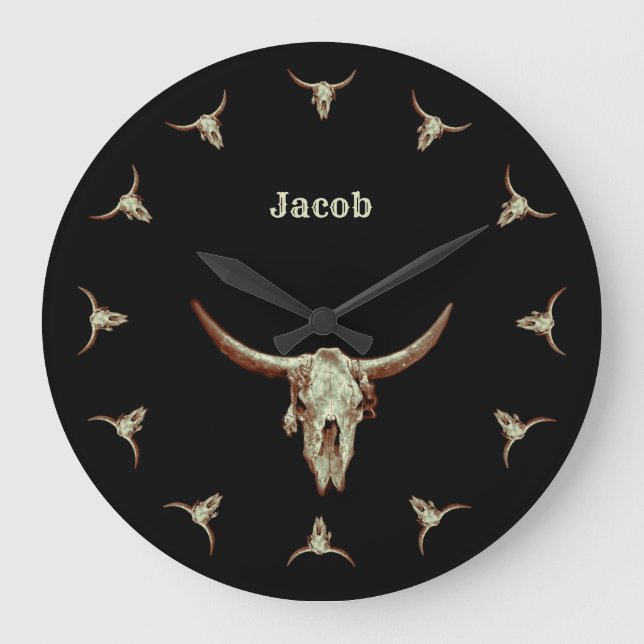 Cow Skull Black Western Country Rustic Style Große Wanduhr (Vorderseite)