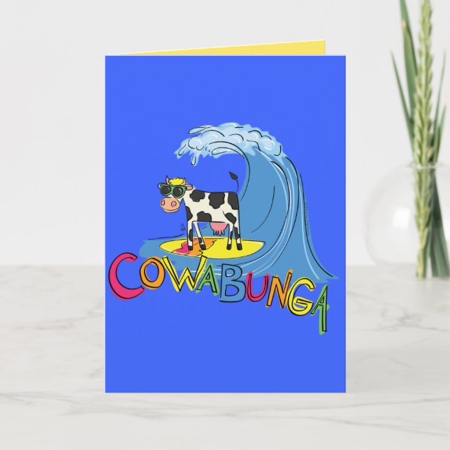 Cowabunga Niedlich Surfing Kuh Sommer Grußkarte Karte (Vorderseite)