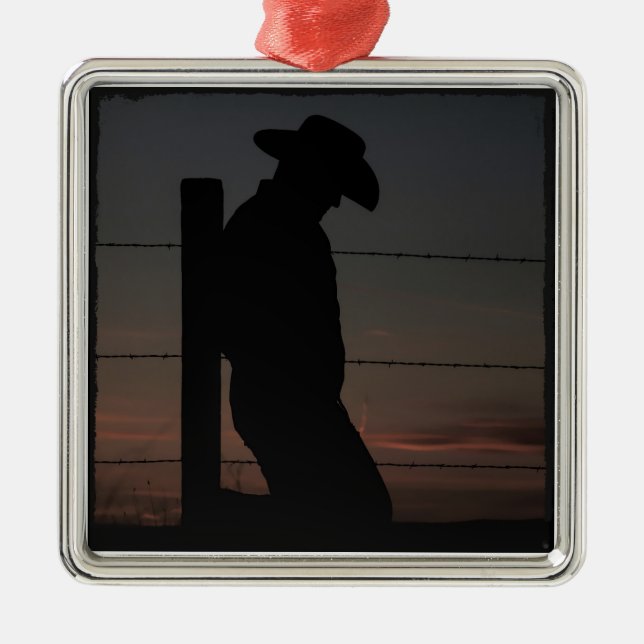 Cowboy am Sonnenuntergang Silbernes Ornament (Vorne)