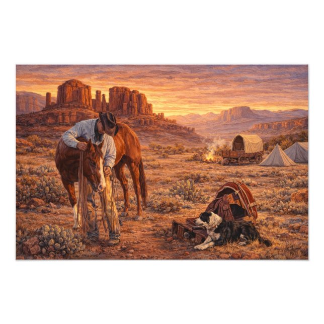 Cowboy and Horse Sunset Fotodruck (Vorne)