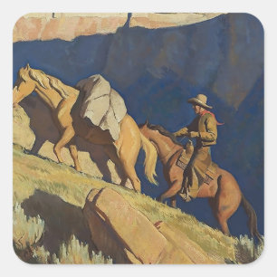 "Cowboy and Pack Horse" von Maynard Dixon Quadratischer Aufkleber
