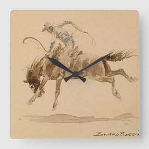 Cowboy auf einem bockenden Pferd von Edward Borein Quadratische Wanduhr