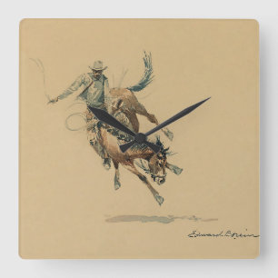 Cowboy auf einem Buckpferd #3 von Edward Borein Quadratische Wanduhr