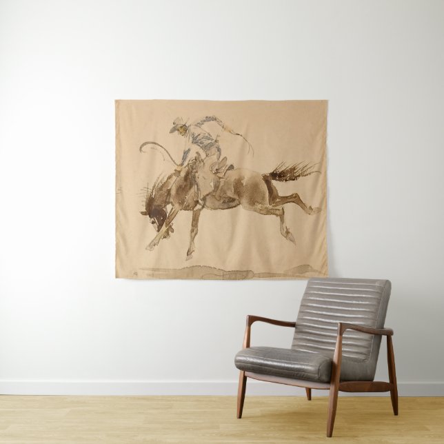 Cowboy auf einem Buckpferd von Edward Borein Wandteppich (Beispiel (Horizontal))