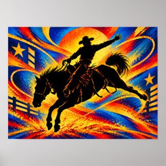 Cowboy auf einem Pferd bei einer Rodeo-Silhouette Poster