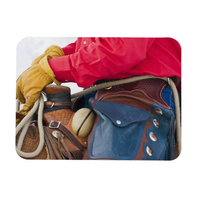 Cowboy auf Pferd mit Lederklappen Magnet (Horizontal)