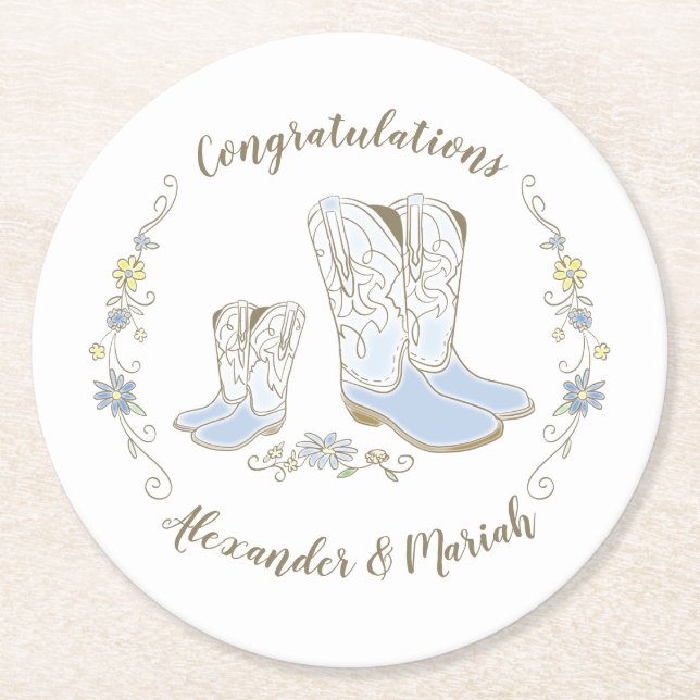 Cowboy Baby Dusche Country Western Blue Boy Runder Pappuntersetzer (Vorderseite)