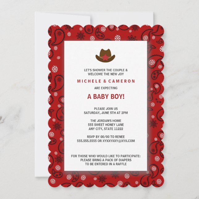 Cowboy Baby Dusche Einladung WESTERN RED BANDANA (Vorderseite)