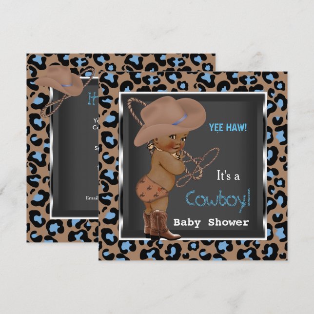 Cowboy Baby Shower Boy Blue Brown Ethnic Einladung (Vorne/Hinten)