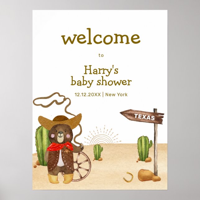 Cowboy Bear Western Cactus Baby Dusche Willkommen Poster (Vorne)