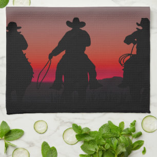 Cowboy bei Sonnenuntergang Geschirrtuch