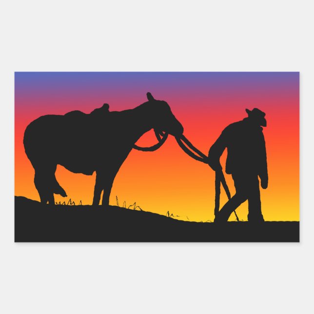 Cowboy bei Sonnenuntergang Rechteckiger Aufkleber (Vorderseite)