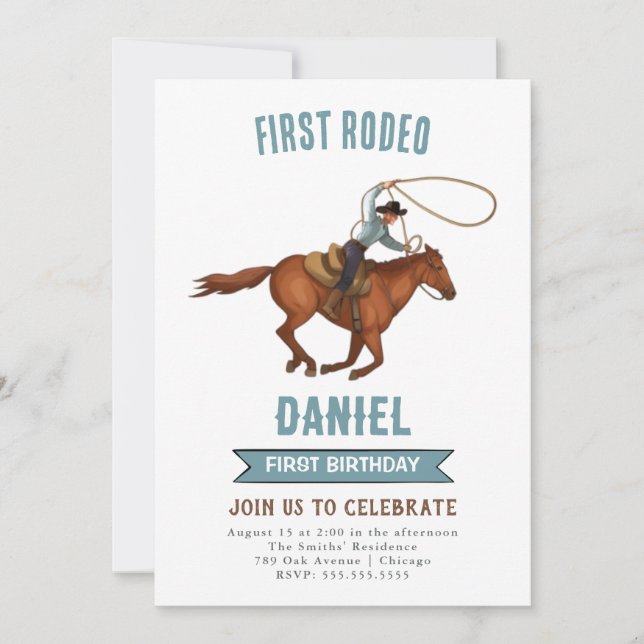 Cowboy Birthday Einladung 1. Rodeo Einladung (Vorderseite)