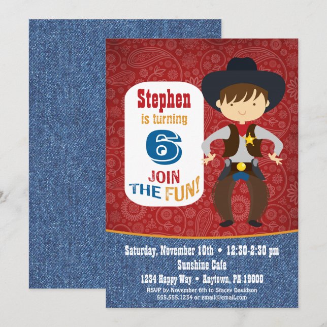 Cowboy Birthday Einladung Boy Rodeo Western (Vorne/Hinten)