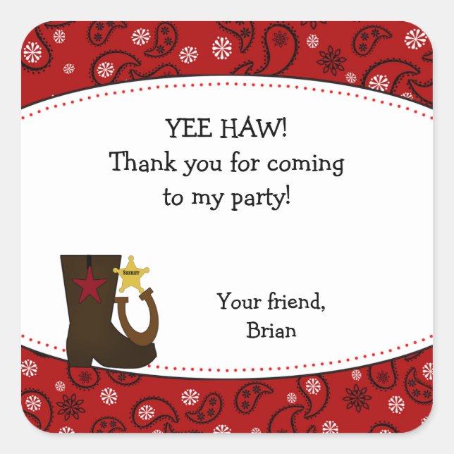 Cowboy Birthday Party Gefallen Sticker Red Paisley (Vorderseite)