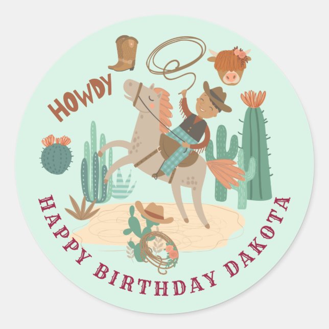 Cowboy Birthday Party Runder Aufkleber (Vorderseite)