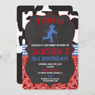 Cowboy bleu rouge noir garçon invitations d'annive