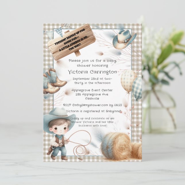 Cowboy Blue Boy Baby Dusche Einladung (Stehend Vorderseite)