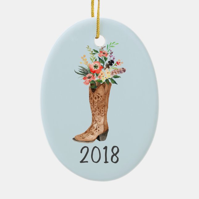 Cowboy Boot Bouquet Keepsake Year Keramik Ornament (Hinten)