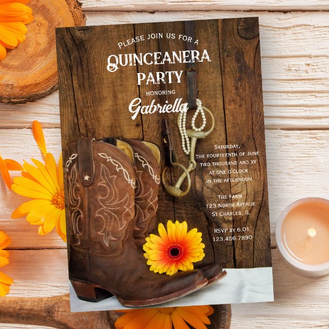 Cowboy Boot Daisy Country Western Quinceanera Einladung (Von Creator hochgeladen)