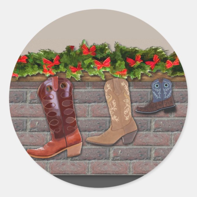 Cowboy Boot-Strumpf am Kamin Runder Aufkleber (Vorderseite)
