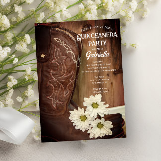 Cowboy Boot White Daisy Western Quinceanera Party Einladung