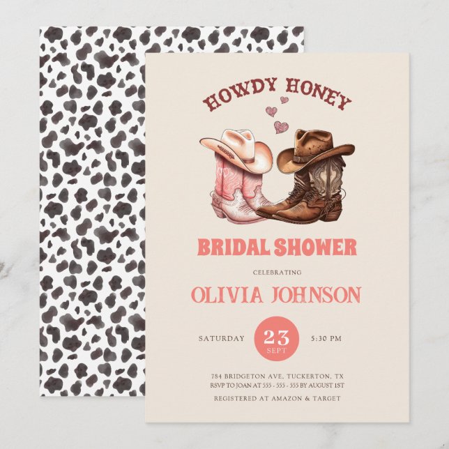Cowboy Boots & Cow Print Western Brautparty Einladung (Vorne/Hinten)