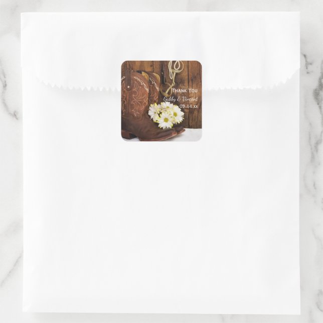 Cowboy Boots, Daisies Horse Bit Wedding Danke Quadratischer Aufkleber (Tasche)