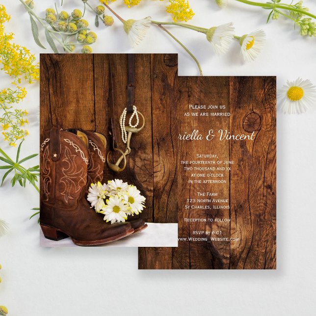 Cowboy Boots, Daisies Horse Bit Western Hochzeit Einladung (Von Creator hochgeladen)